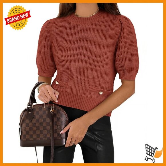 Sweaters - Cropped Ribbed Knit Sweater Puff Sleeves Lightweight Pullover Casual Loose Fit